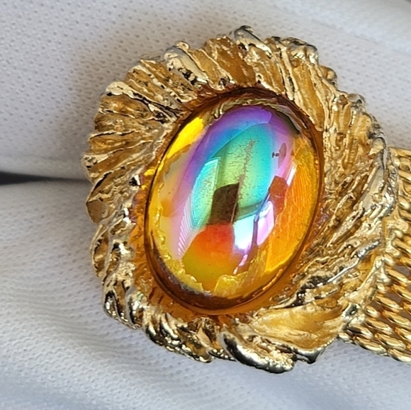 Goldtone Cufflinks Amber Tone Cabachon Aurora Borealis Finish #1182 - Picture 10 of 13